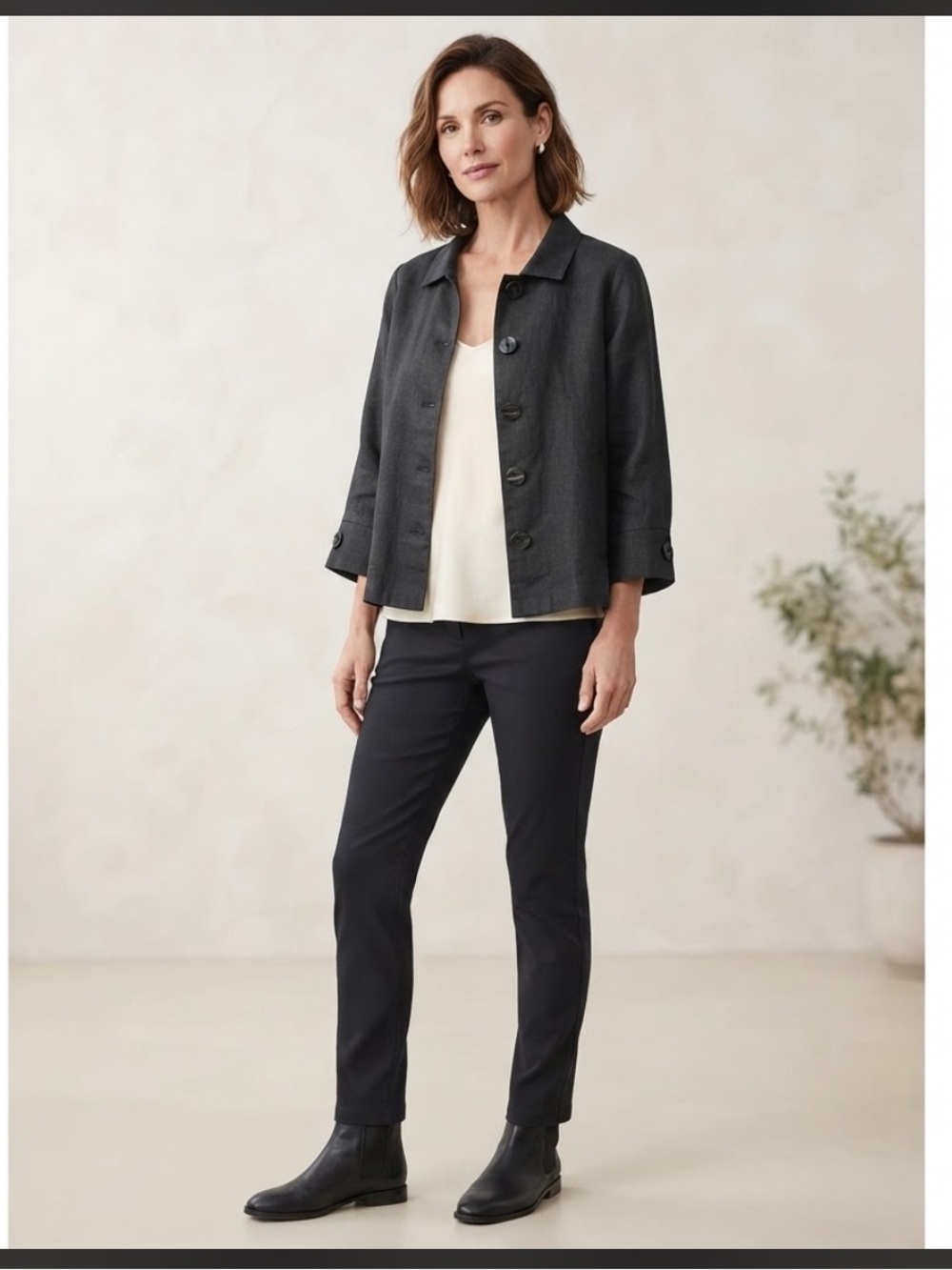FLAX 100% Linen Black Button Front Jacket Blazer Womens Small Lagenlook Boho